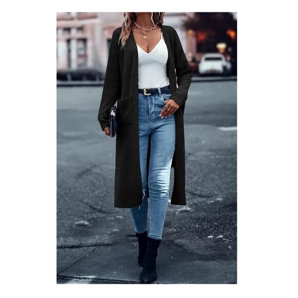 Long Ribbed Cardigan Sweater Black Open Front Oversized M - Picture 5 of 9